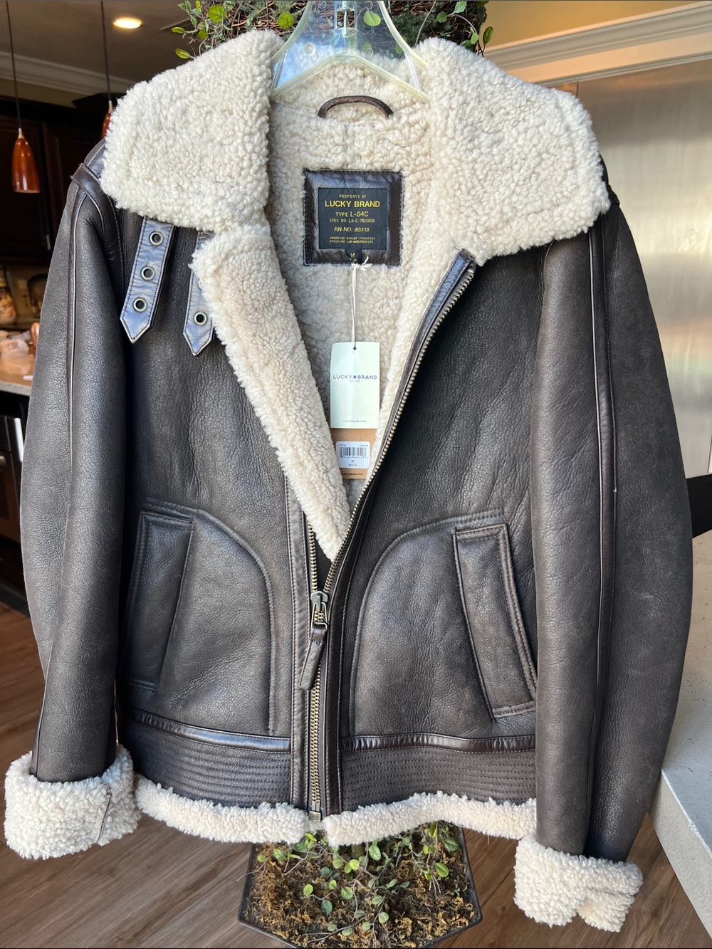 Men’s Lucky Brand Brown Leather Bomber Jacket with Cream Shearling, NWT